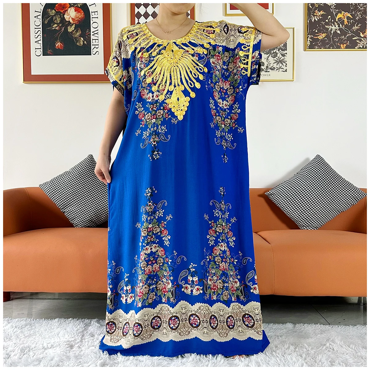 2 Pieces Africa Dashiki Floral Printing Loose Cotton Caftan Lady Summer Maxi Casual Dresses With Scarf  Vestidos Short Sleeve