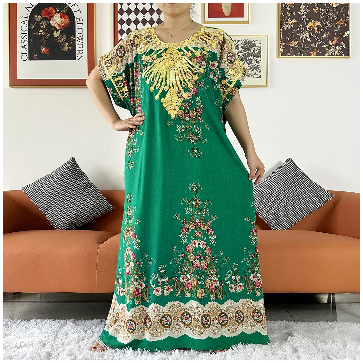 2 Pieces Africa Dashiki Floral Printing Loose Cotton Caftan Lady Summer Maxi Casual Dresses With Scarf  Vestidos Short Sleeve