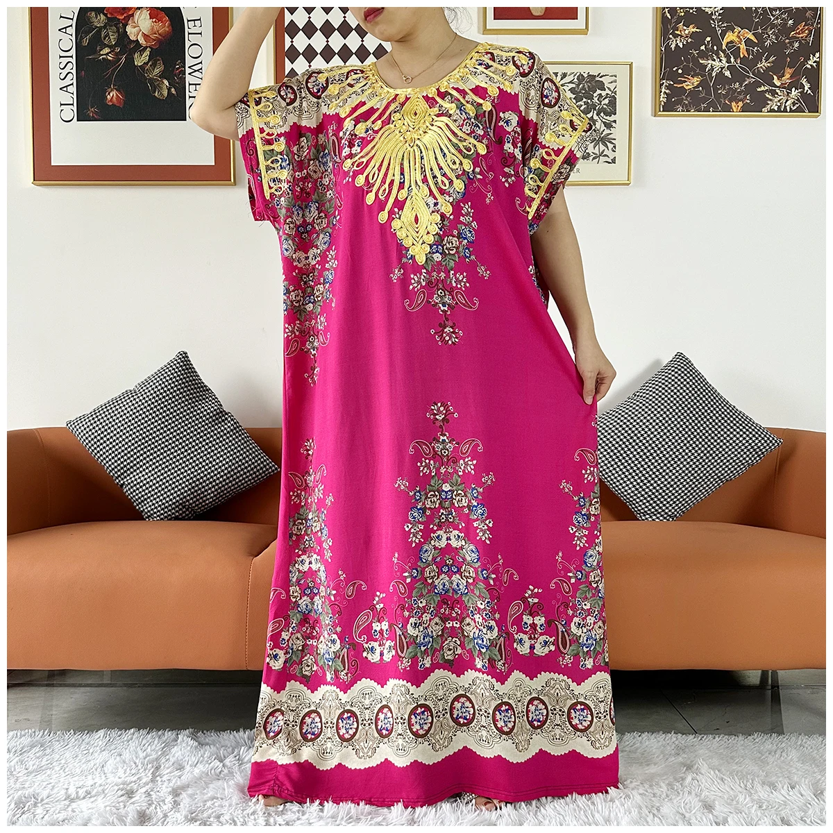 2 Pieces Africa Dashiki Floral Printing Loose Cotton Caftan Lady Summer Maxi Casual Dresses With Scarf  Vestidos Short Sleeve