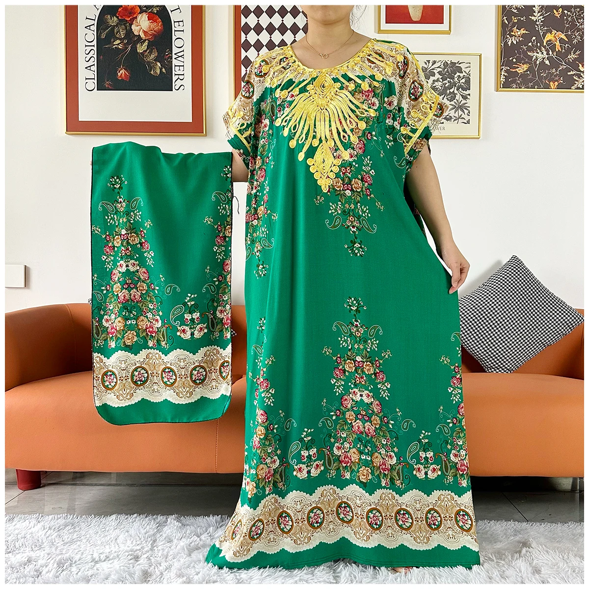 2 Pieces Africa Dashiki Floral Printing Loose Cotton Caftan Lady Summer Maxi Casual Dresses With Scarf  Vestidos Short Sleeve