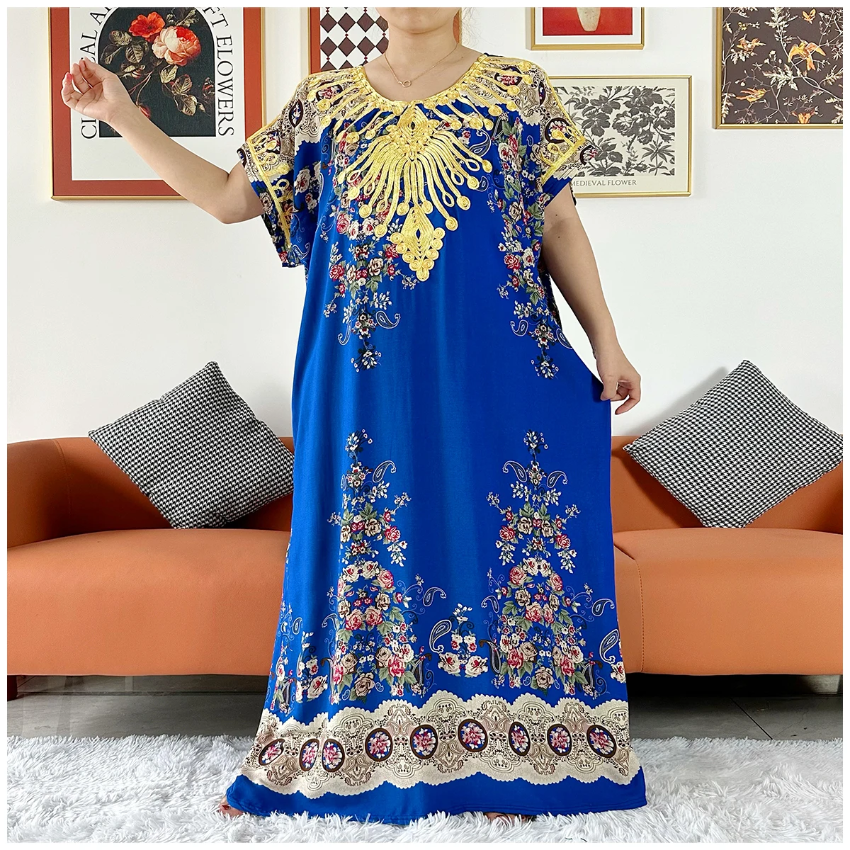 2 Pieces Africa Dashiki Floral Printing Loose Cotton Caftan Lady Summer Maxi Casual Dresses With Scarf  Vestidos Short Sleeve
