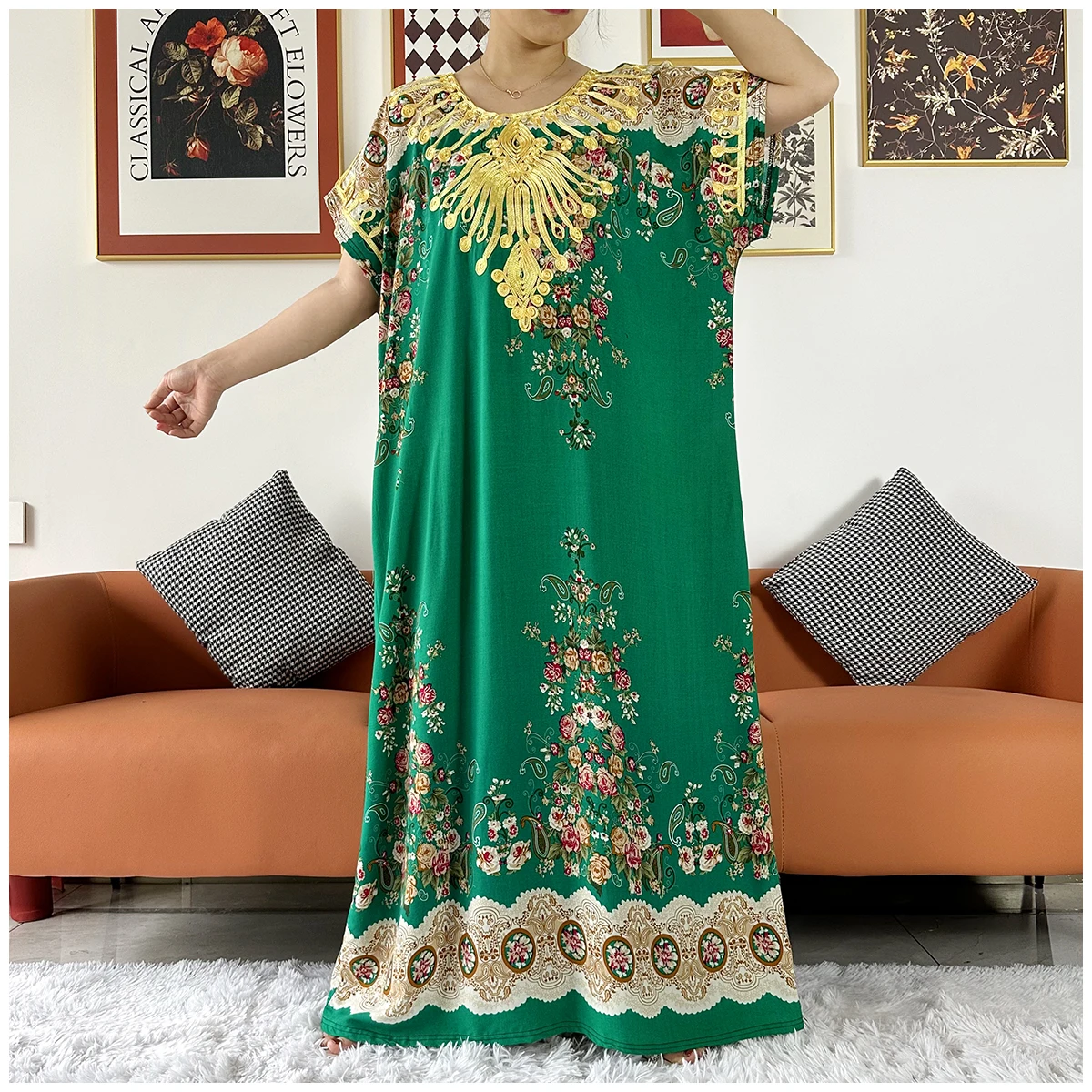 2 Pieces Africa Dashiki Floral Printing Loose Cotton Caftan Lady Summer Maxi Casual Dresses With Scarf  Vestidos Short Sleeve