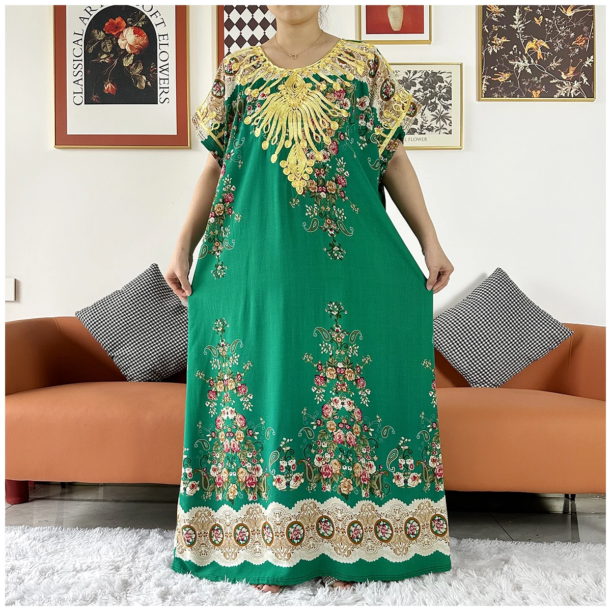 2 Pieces Africa Dashiki Floral Printing Loose Cotton Caftan Lady Summer Maxi Casual Dresses With Scarf  Vestidos Short Sleeve