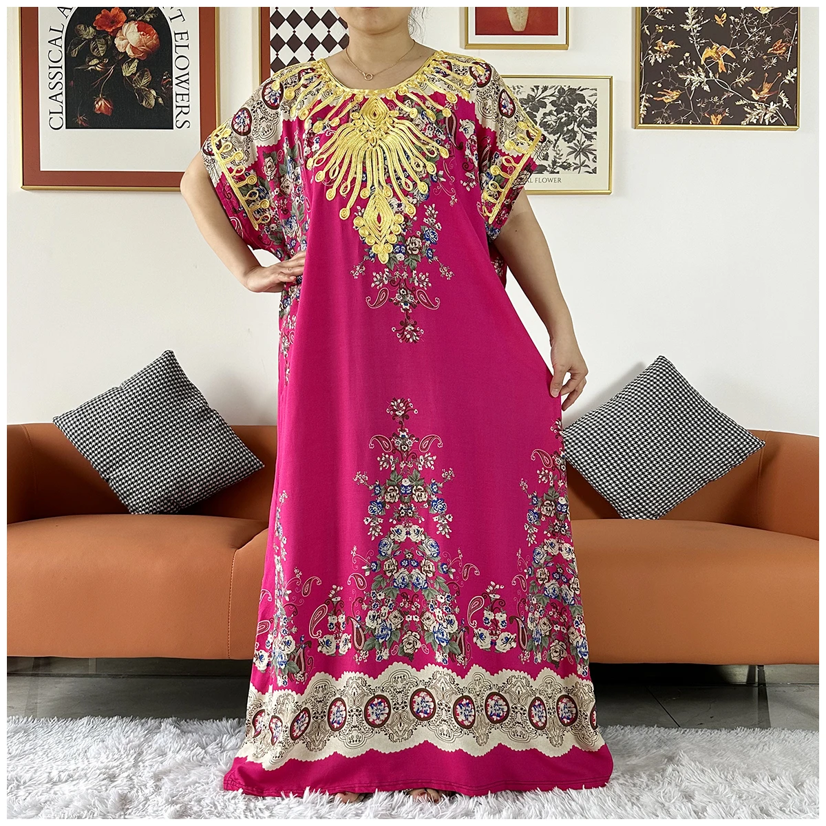 2 Pieces Africa Dashiki Floral Printing Loose Cotton Caftan Lady Summer Maxi Casual Dresses With Scarf  Vestidos Short Sleeve
