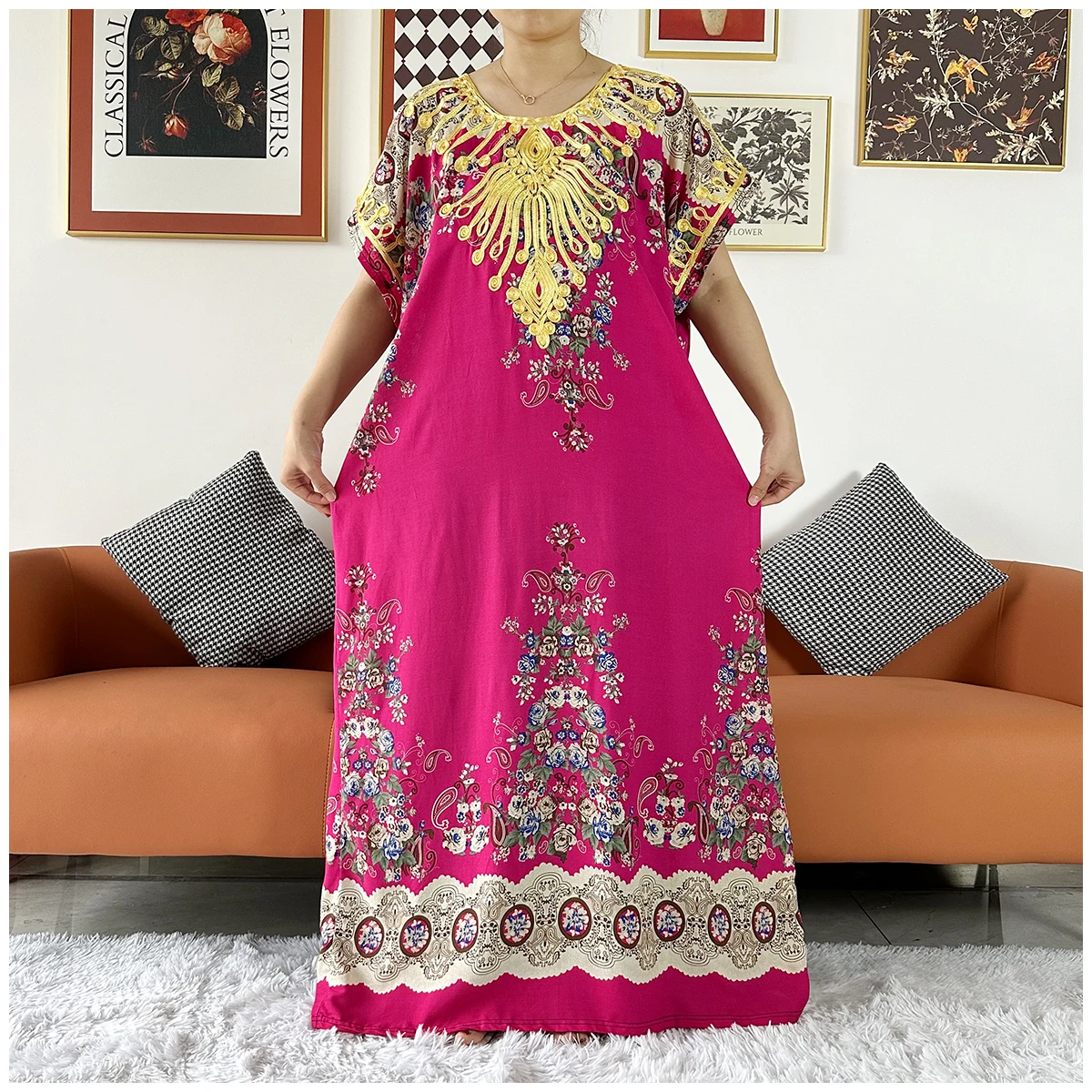 2 Pieces Africa Dashiki Floral Printing Loose Cotton Caftan Lady Summer Maxi Casual Dresses With Scarf  Vestidos Short Sleeve
