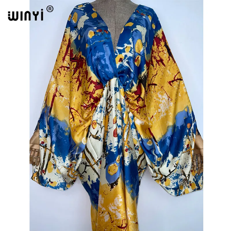 WINYI New Fashion Bohemian Deep V-neck Floral Europea For Lady Free Size Loose Batwing Holiday Beach Cover Up Party Kaftan Dress