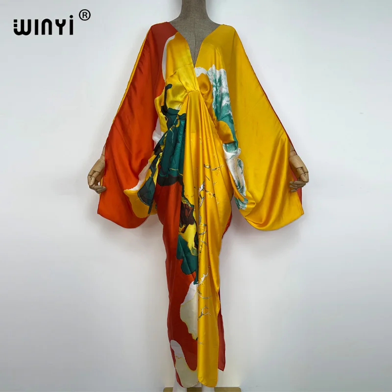 WINYI New Fashion Bohemian Deep V-neck Floral Europea For Lady Free Size Loose Batwing Holiday Beach Cover Up Party Kaftan Dress