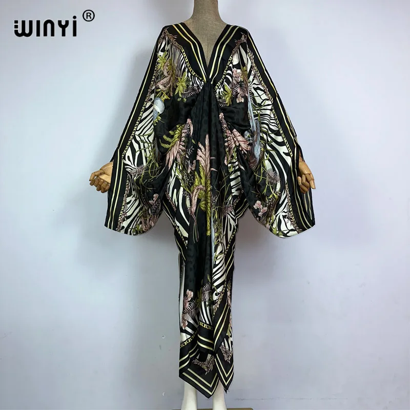 WINYI New Fashion Bohemian Deep V-neck Floral Europea For Lady Free Size Loose Batwing Holiday Beach Cover Up Party Kaftan Dress