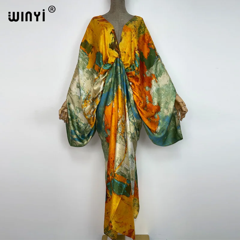 WINYI New Fashion Bohemian Deep V-neck Floral Europea For Lady Free Size Loose Batwing Holiday Beach Cover Up Party Kaftan Dress
