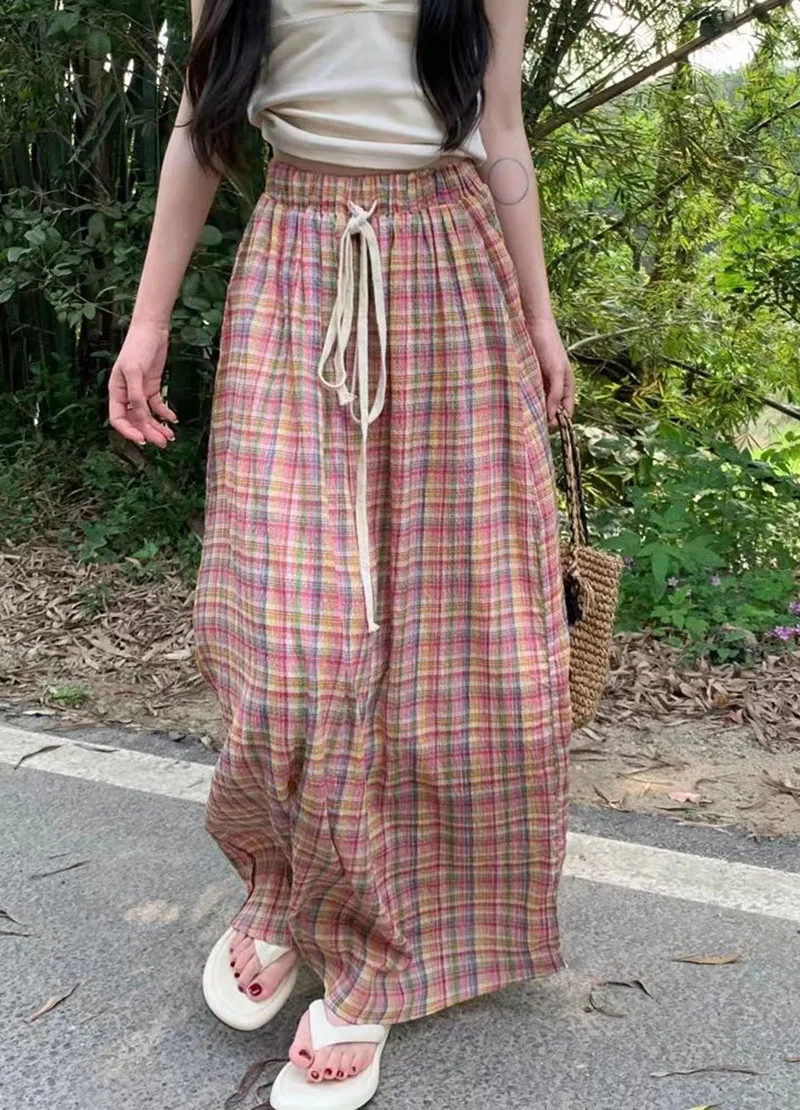 Lucyever Vintage Y2K Plaid Skirts Women Harajuku Streetwear Drawstring Long Skirt Woman Summer Elastic High Waist A-Line Skirts