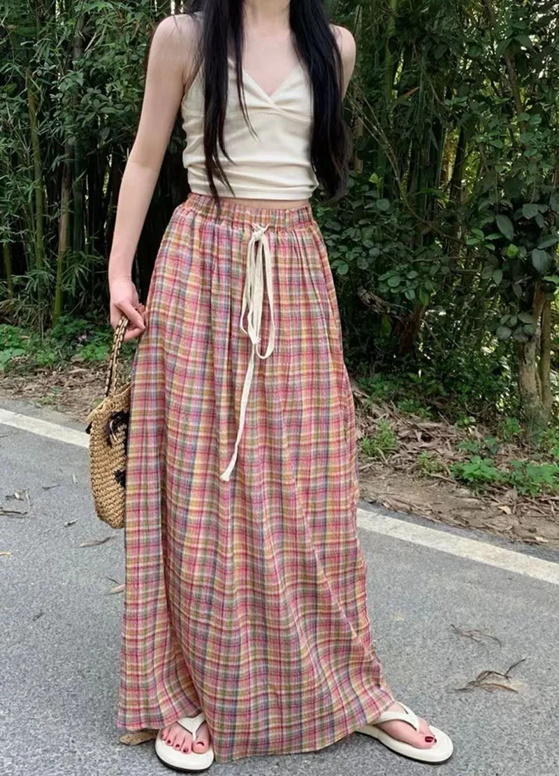 Lucyever Vintage Y2K Plaid Skirts Women Harajuku Streetwear Drawstring Long Skirt Woman Summer Elastic High Waist A-Line Skirts