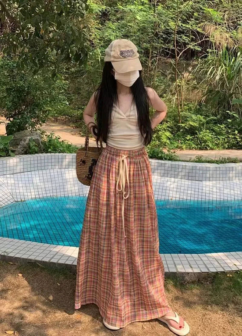 Lucyever Vintage Y2K Plaid Skirts Women Harajuku Streetwear Drawstring Long Skirt Woman Summer Elastic High Waist A-Line Skirts