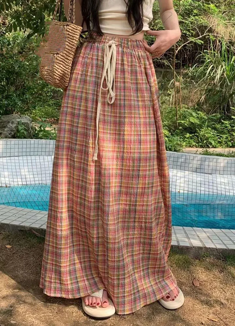 Lucyever Vintage Y2K Plaid Skirts Women Harajuku Streetwear Drawstring Long Skirt Woman Summer Elastic High Waist A-Line Skirts
