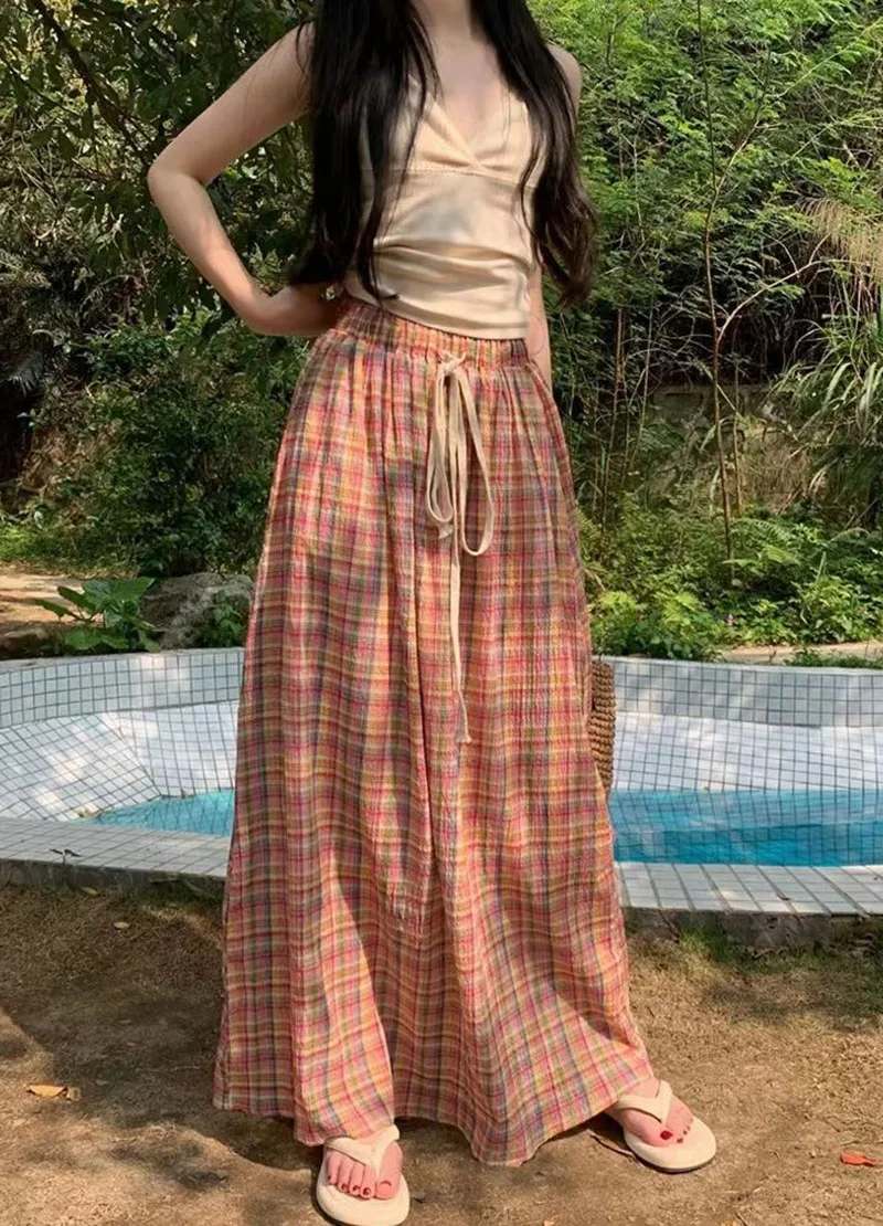 Lucyever Vintage Y2K Plaid Skirts Women Harajuku Streetwear Drawstring Long Skirt Woman Summer Elastic High Waist A-Line Skirts