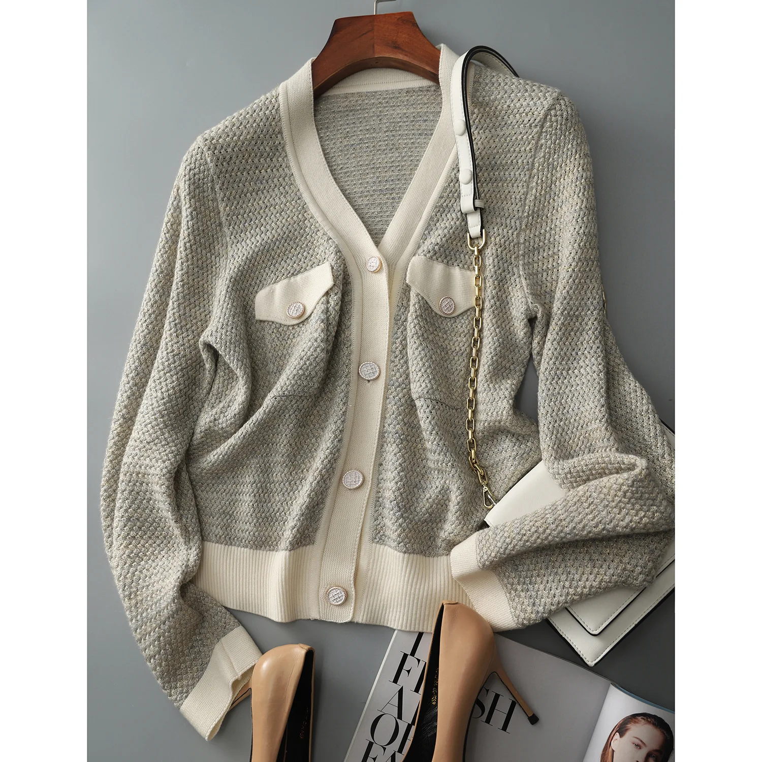 Temperament small fragrant wind cashmere knit cardigan female spring and autumn new V-neck jacket loose sweater thin wool coat
