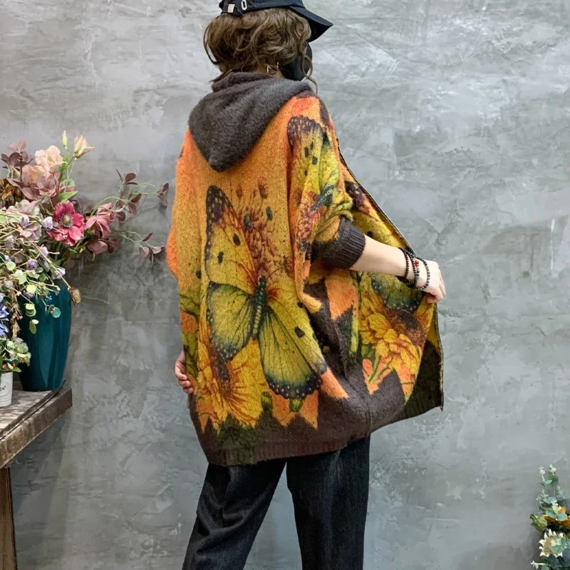 Amax luluE 2024 Luxury Warm Knitwear Fall Women Printed Loose Fashion Hooded Cardigans Ladies Classic Leisure Oversized Sweaters