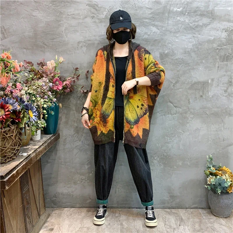 Amax luluE 2024 Luxury Warm Knitwear Fall Women Printed Loose Fashion Hooded Cardigans Ladies Classic Leisure Oversized Sweaters