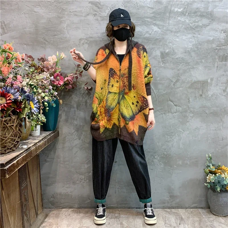 Amax luluE 2024 Luxury Warm Knitwear Fall Women Printed Loose Fashion Hooded Cardigans Ladies Classic Leisure Oversized Sweaters