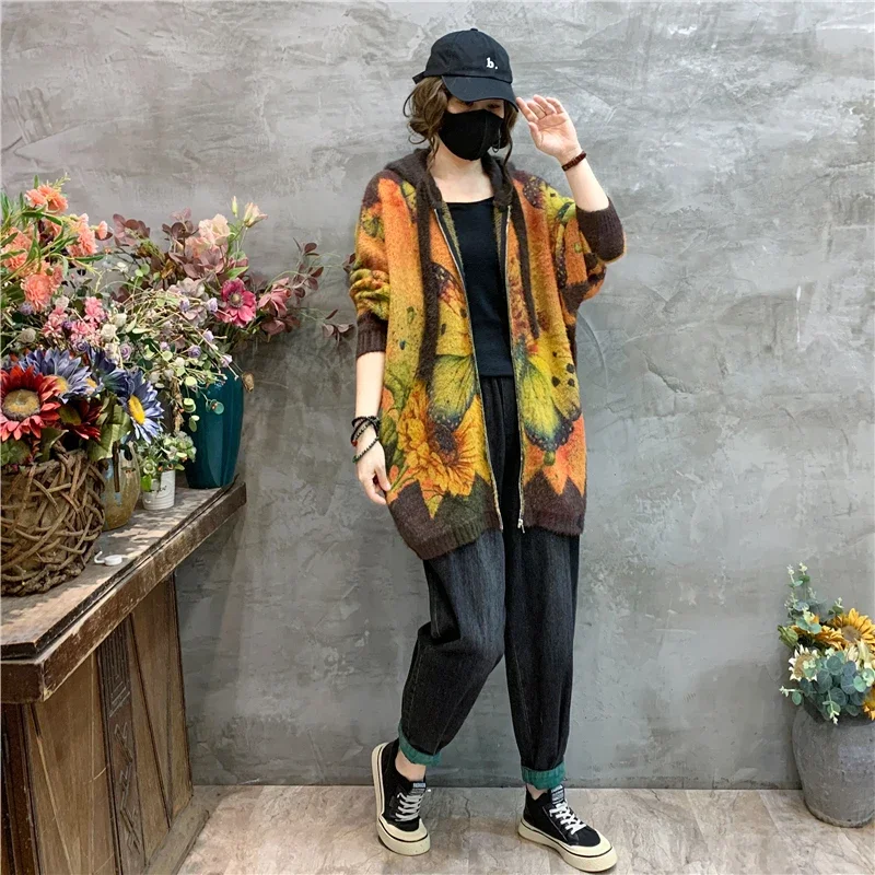 Amax luluE 2024 Luxury Warm Knitwear Fall Women Printed Loose Fashion Hooded Cardigans Ladies Classic Leisure Oversized Sweaters