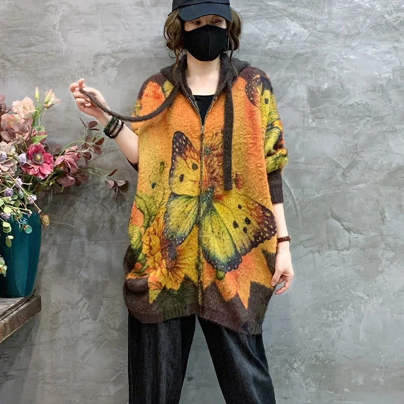 Amax luluE 2024 Luxury Warm Knitwear Fall Women Printed Loose Fashion Hooded Cardigans Ladies Classic Leisure Oversized Sweaters
