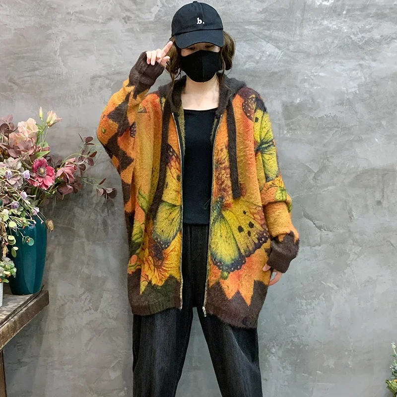 Amax luluE 2024 Luxury Warm Knitwear Fall Women Printed Loose Fashion Hooded Cardigans Ladies Classic Leisure Oversized Sweaters