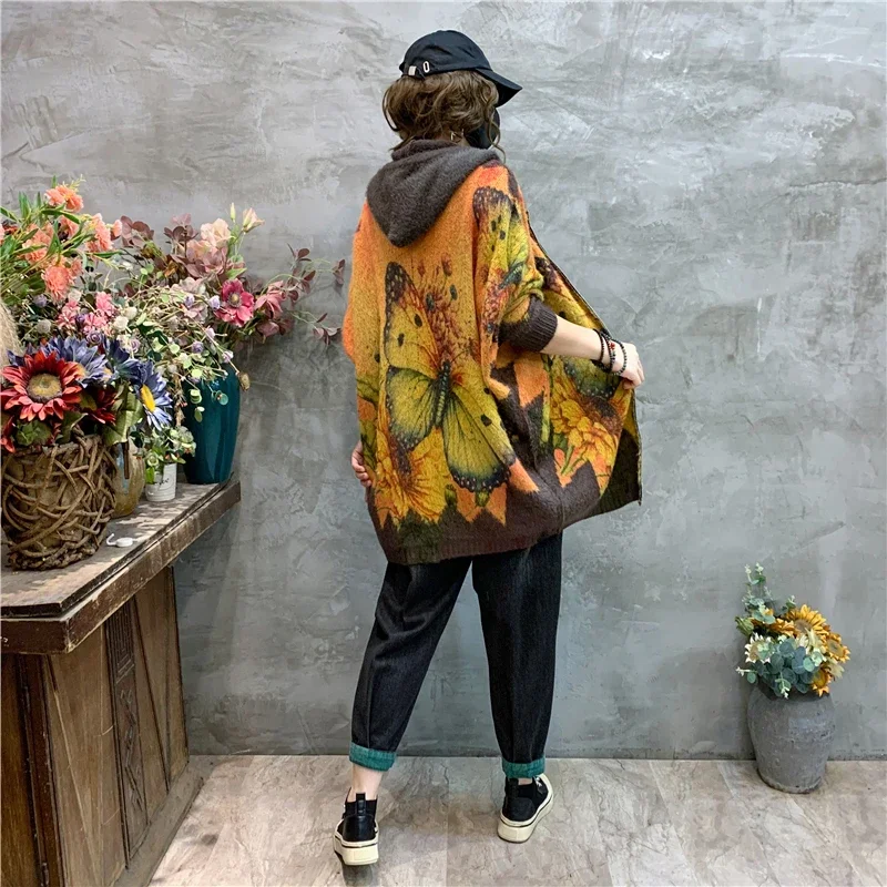 Amax luluE 2024 Luxury Warm Knitwear Fall Women Printed Loose Fashion Hooded Cardigans Ladies Classic Leisure Oversized Sweaters