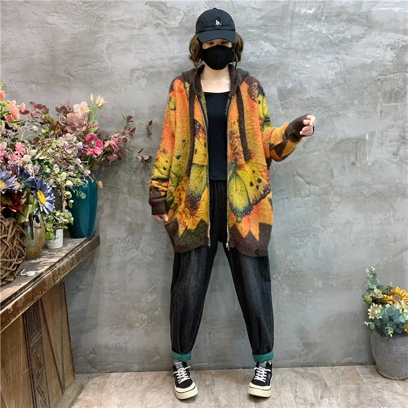 Amax luluE 2024 Luxury Warm Knitwear Fall Women Printed Loose Fashion Hooded Cardigans Ladies Classic Leisure Oversized Sweaters