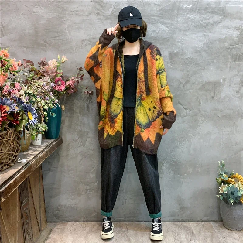 Amax luluE 2024 Luxury Warm Knitwear Fall Women Printed Loose Fashion Hooded Cardigans Ladies Classic Leisure Oversized Sweaters