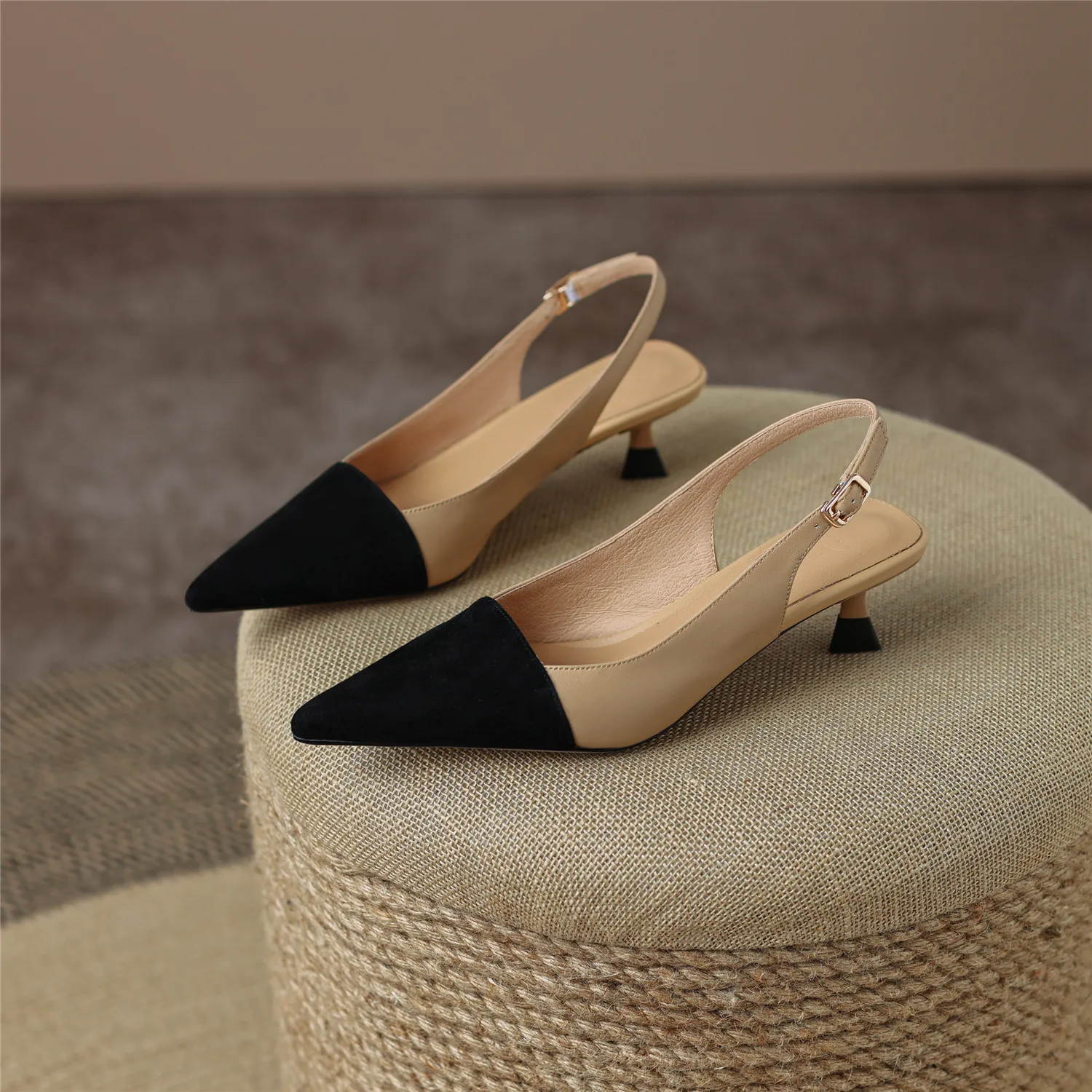 Black Sandals Women 2026 Summer Genuine Leather Slingback Elegant Mid Heel Pointed Comfortable Light Female Shoes Big Size 42