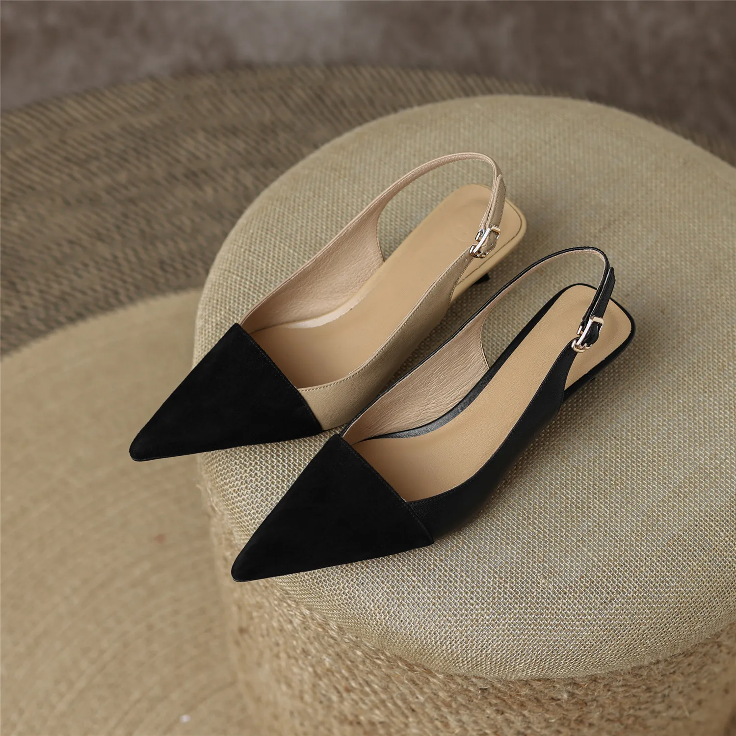 Black Sandals Women 2026 Summer Genuine Leather Slingback Elegant Mid Heel Pointed Comfortable Light Female Shoes Big Size 42