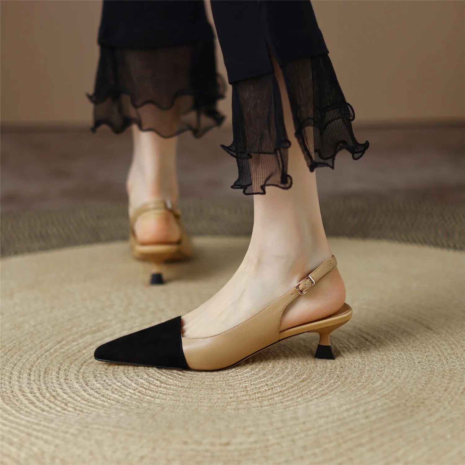 Black Sandals Women 2026 Summer Genuine Leather Slingback Elegant Mid Heel Pointed Comfortable Light Female Shoes Big Size 42