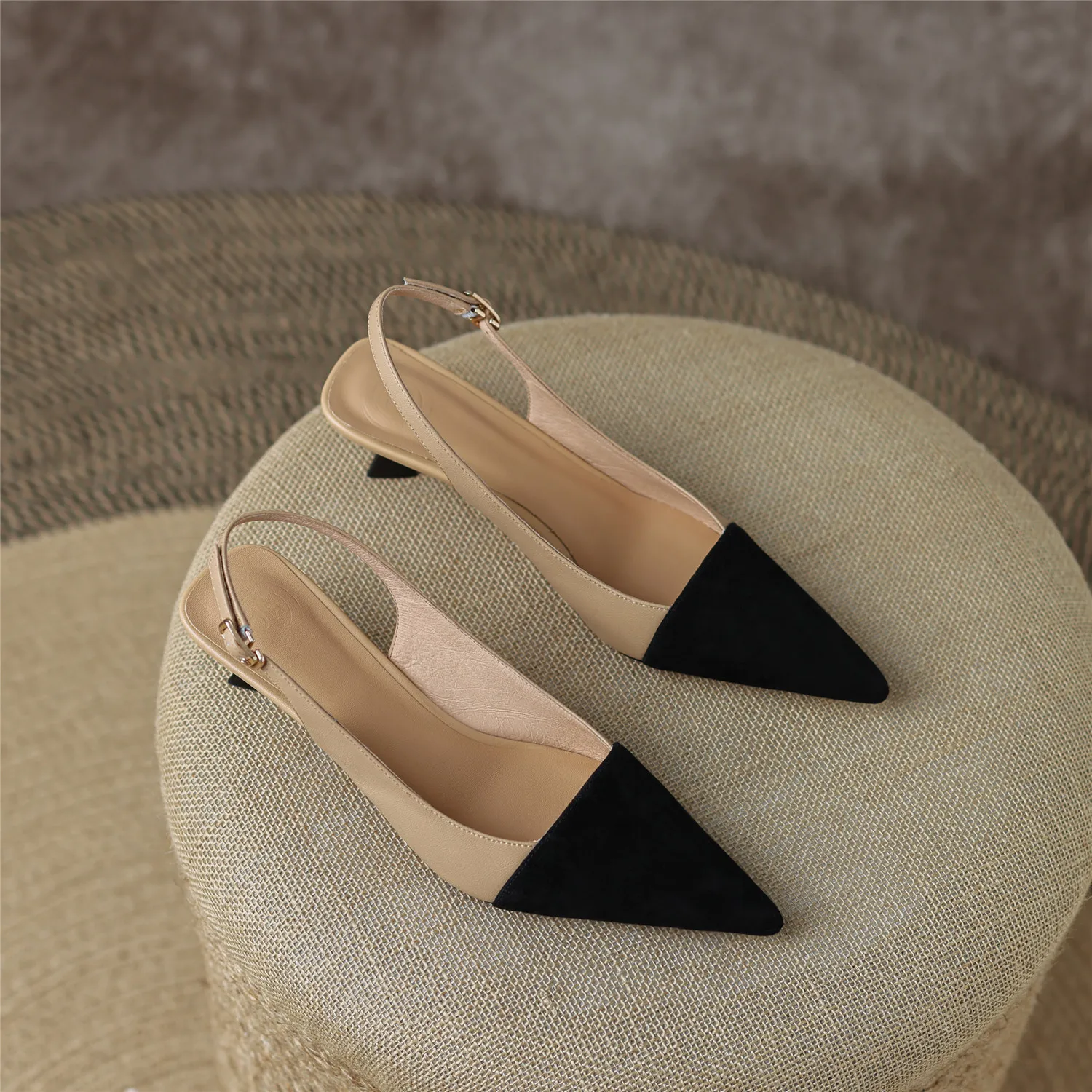 Black Sandals Women 2026 Summer Genuine Leather Slingback Elegant Mid Heel Pointed Comfortable Light Female Shoes Big Size 42