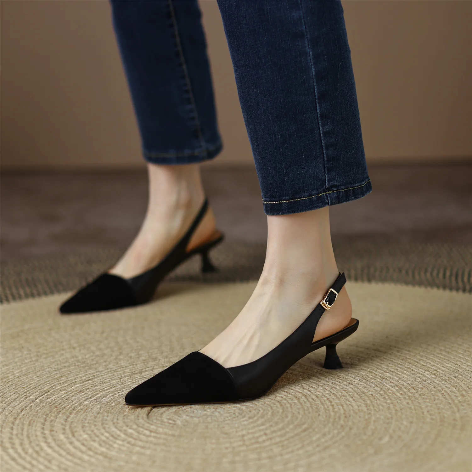 Black Sandals Women 2026 Summer Genuine Leather Slingback Elegant Mid Heel Pointed Comfortable Light Female Shoes Big Size 42