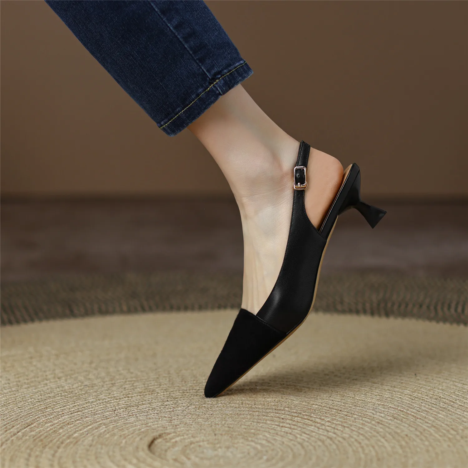 Black Sandals Women 2026 Summer Genuine Leather Slingback Elegant Mid Heel Pointed Comfortable Light Female Shoes Big Size 42