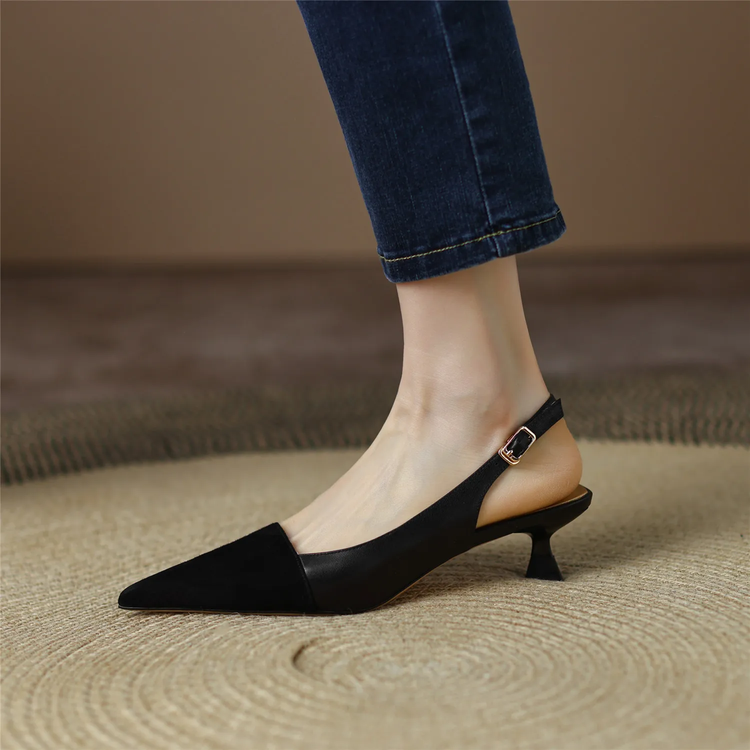 Black Sandals Women 2026 Summer Genuine Leather Slingback Elegant Mid Heel Pointed Comfortable Light Female Shoes Big Size 42