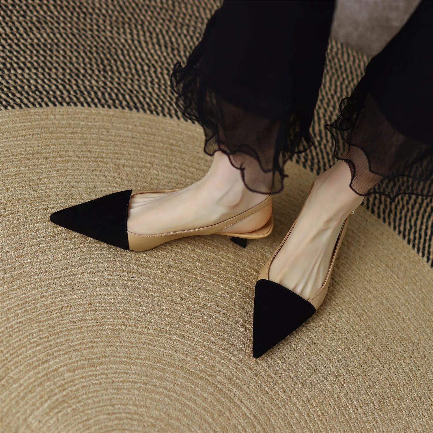 Black Sandals Women 2026 Summer Genuine Leather Slingback Elegant Mid Heel Pointed Comfortable Light Female Shoes Big Size 42
