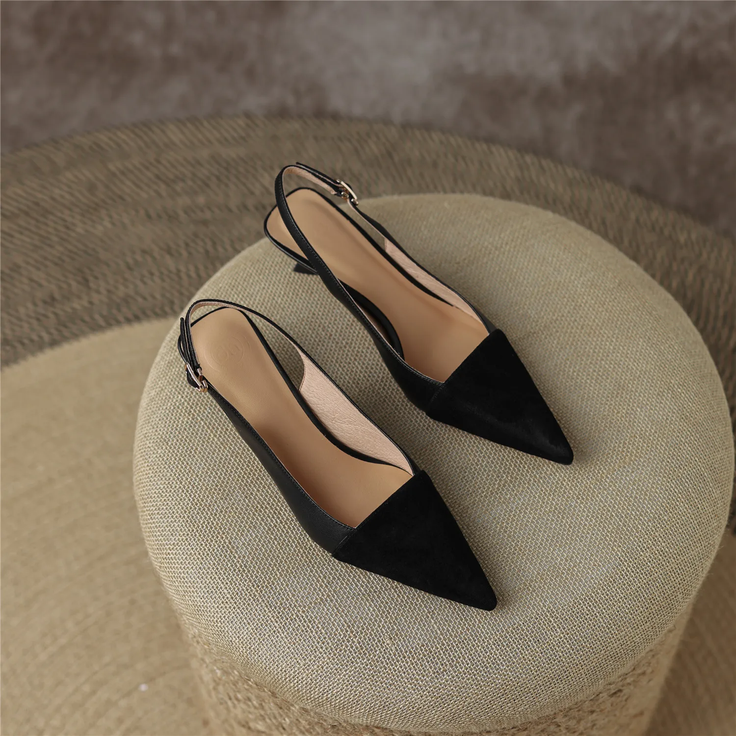 Black Sandals Women 2026 Summer Genuine Leather Slingback Elegant Mid Heel Pointed Comfortable Light Female Shoes Big Size 42