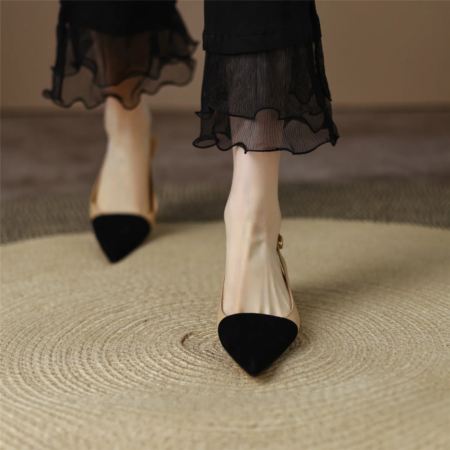 Black Sandals Women 2026 Summer Genuine Leather Slingback Elegant Mid Heel Pointed Comfortable Light Female Shoes Big Size 42