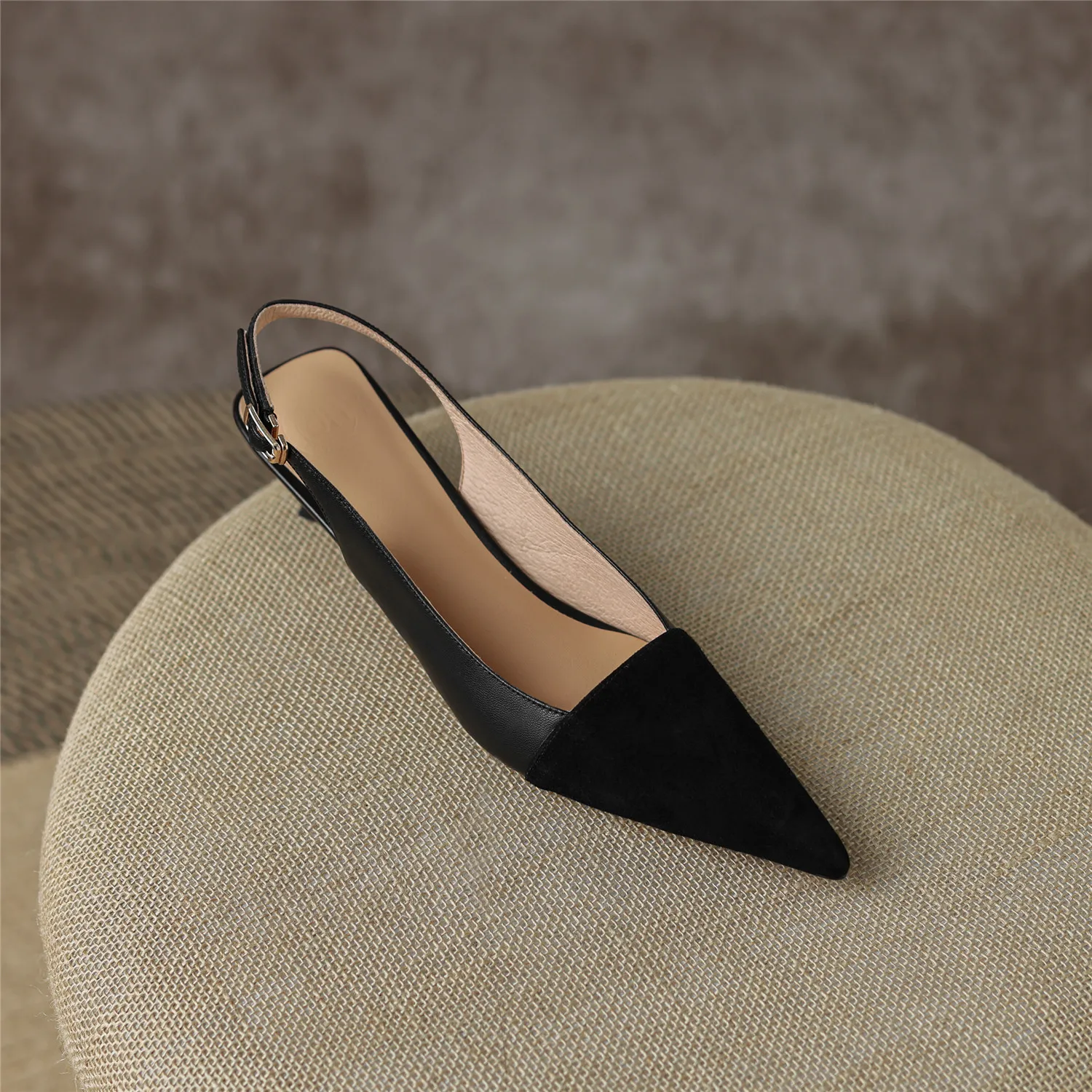 Black Sandals Women 2026 Summer Genuine Leather Slingback Elegant Mid Heel Pointed Comfortable Light Female Shoes Big Size 42