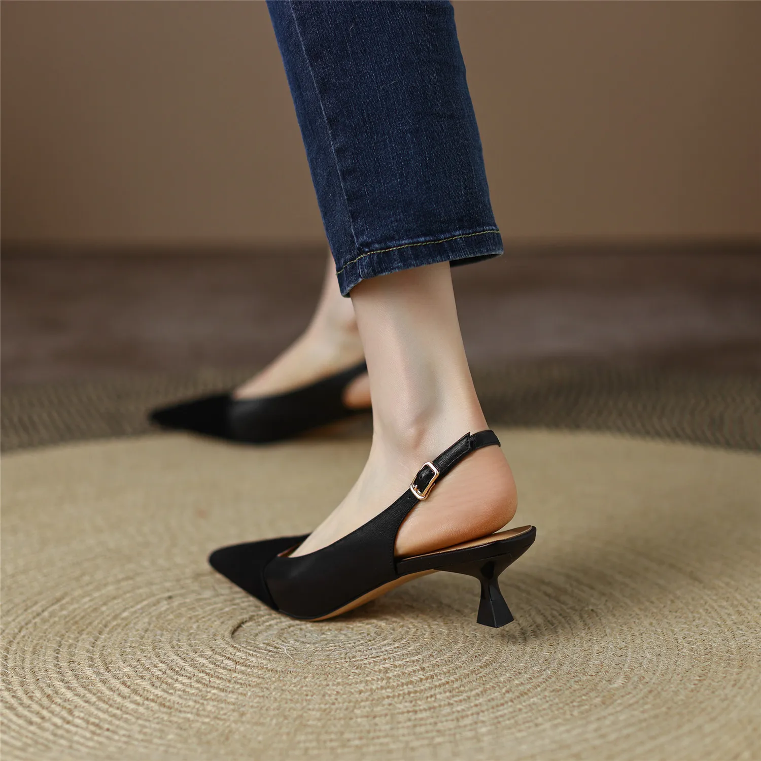 Black Sandals Women 2026 Summer Genuine Leather Slingback Elegant Mid Heel Pointed Comfortable Light Female Shoes Big Size 42