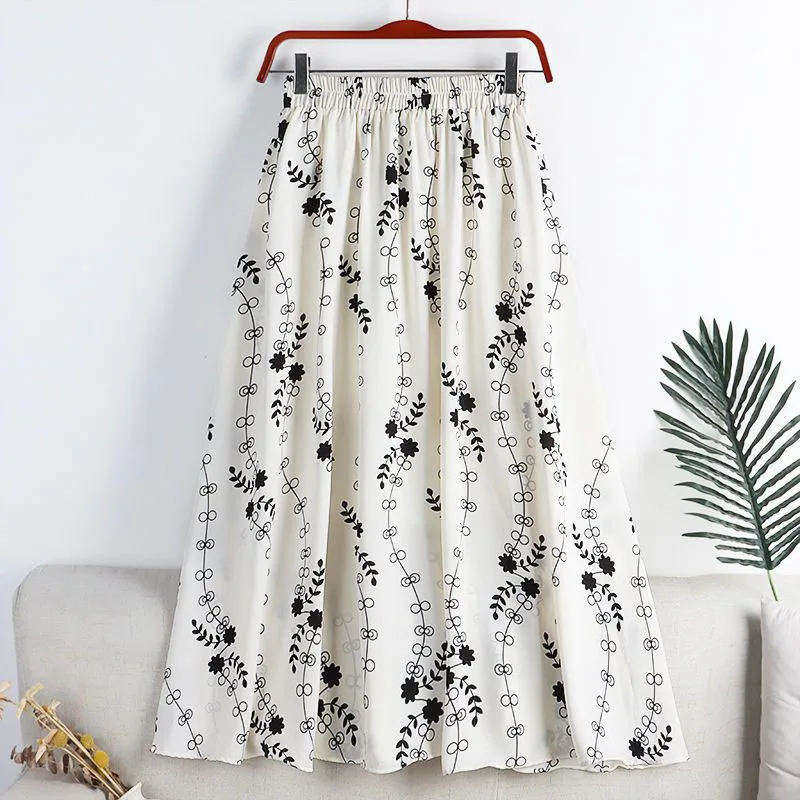 Lucyever Vintage Printed Long Skirt Women Summer Elastic High Wiast Mid-Calf Skirts Female Casual All-Match A-Line Pleated Skirt