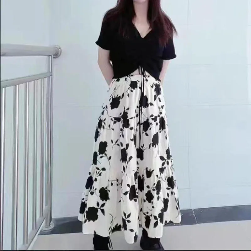 Lucyever Vintage Printed Long Skirt Women Summer Elastic High Wiast Mid-Calf Skirts Female Casual All-Match A-Line Pleated Skirt