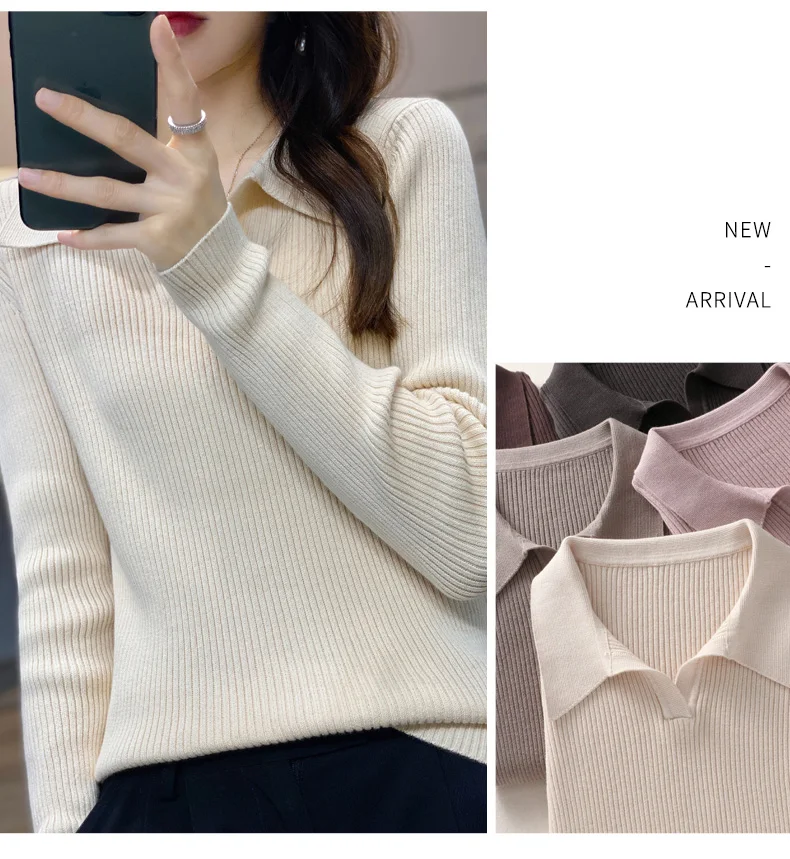Autumn Winter New Ladies Elegant 100% Cotton Sweater Casual Polo Collar Pullover Knitted Sweater Slim Bottoming Tops Commuter