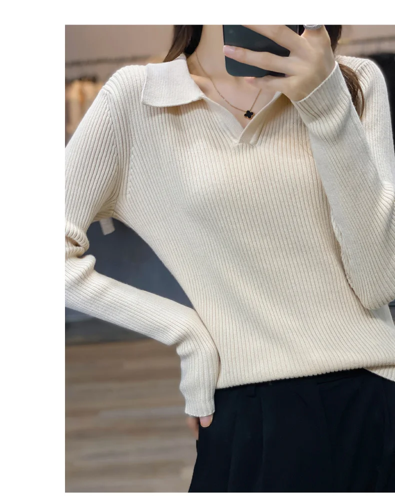 Autumn Winter New Ladies Elegant 100% Cotton Sweater Casual Polo Collar Pullover Knitted Sweater Slim Bottoming Tops Commuter