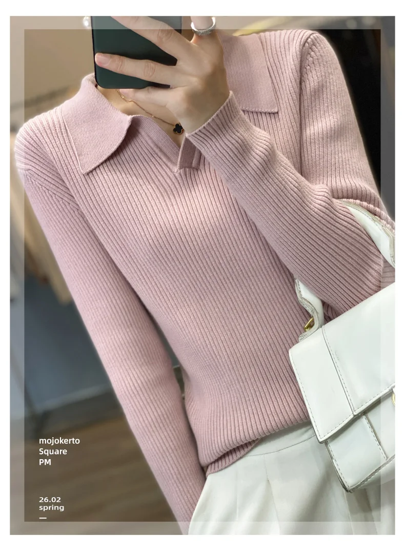 Autumn Winter New Ladies Elegant 100% Cotton Sweater Casual Polo Collar Pullover Knitted Sweater Slim Bottoming Tops Commuter