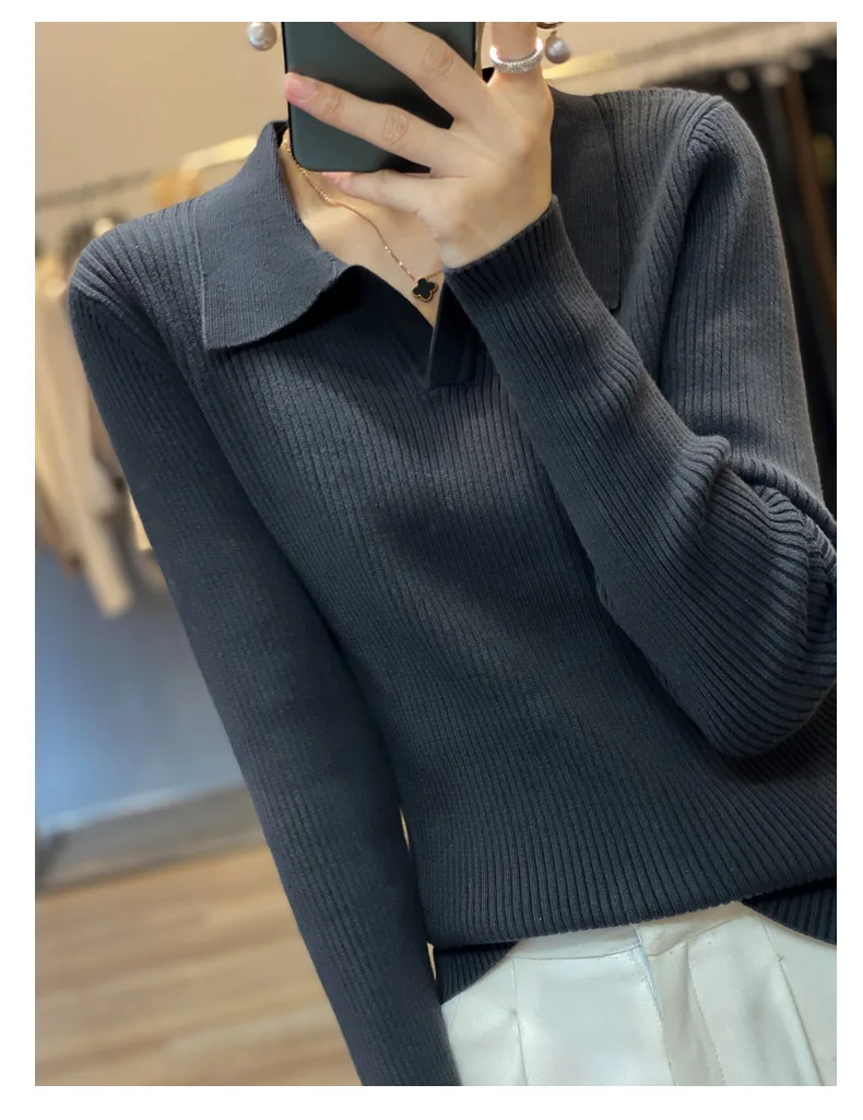 Autumn Winter New Ladies Elegant 100% Cotton Sweater Casual Polo Collar Pullover Knitted Sweater Slim Bottoming Tops Commuter