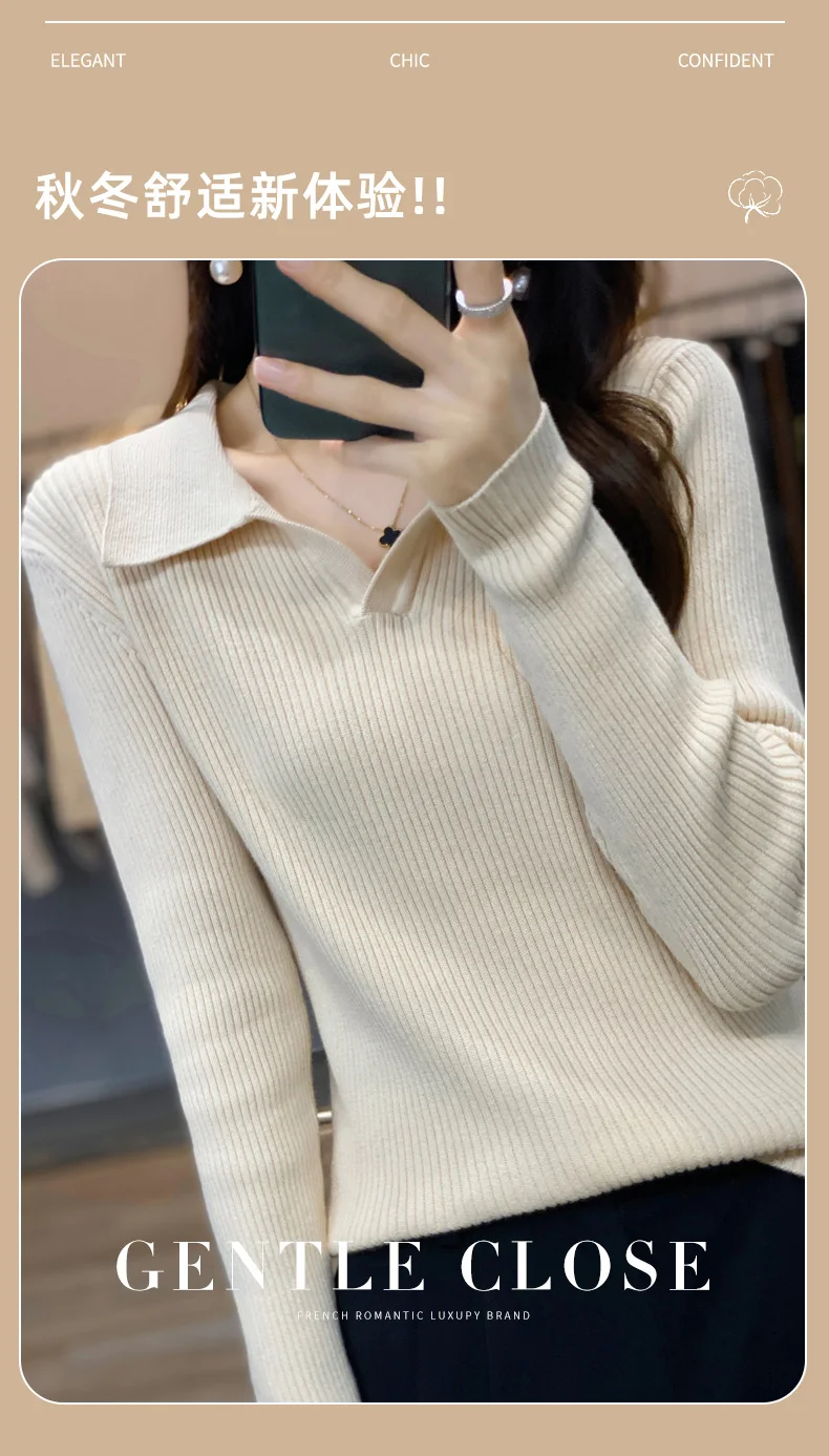 Autumn Winter New Ladies Elegant 100% Cotton Sweater Casual Polo Collar Pullover Knitted Sweater Slim Bottoming Tops Commuter