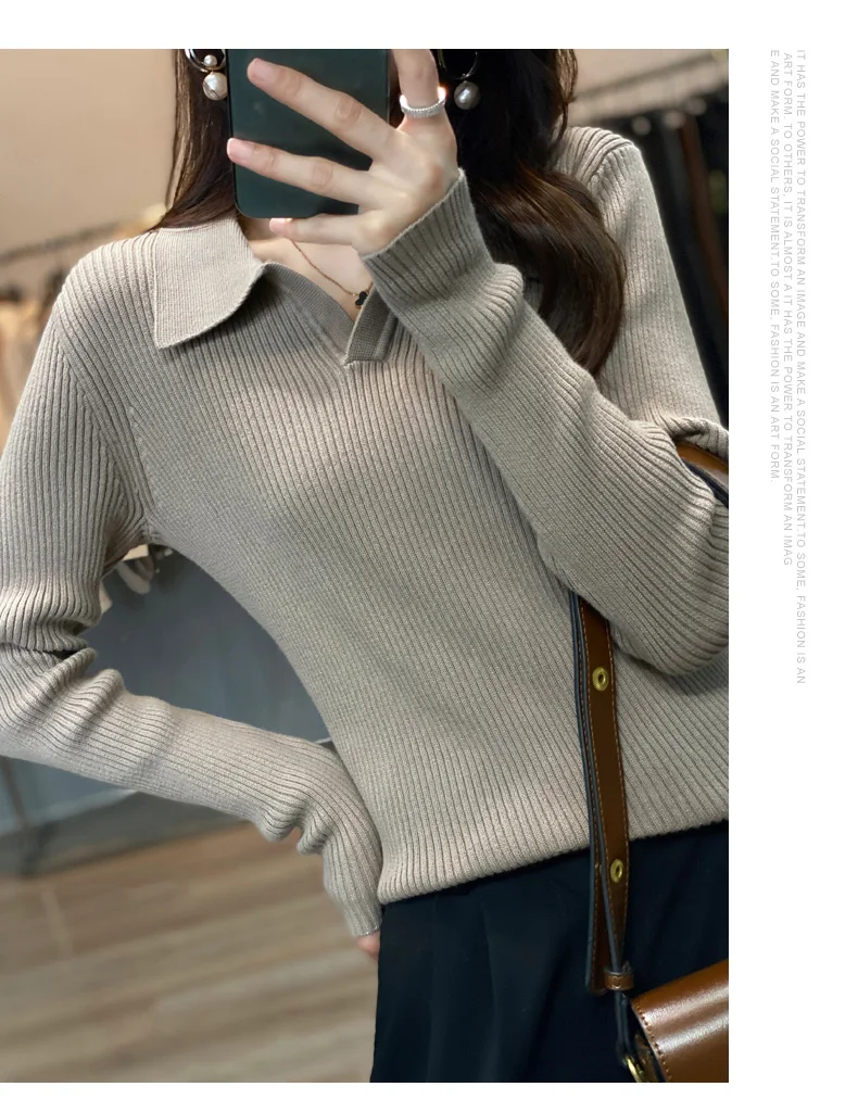 Autumn Winter New Ladies Elegant 100% Cotton Sweater Casual Polo Collar Pullover Knitted Sweater Slim Bottoming Tops Commuter