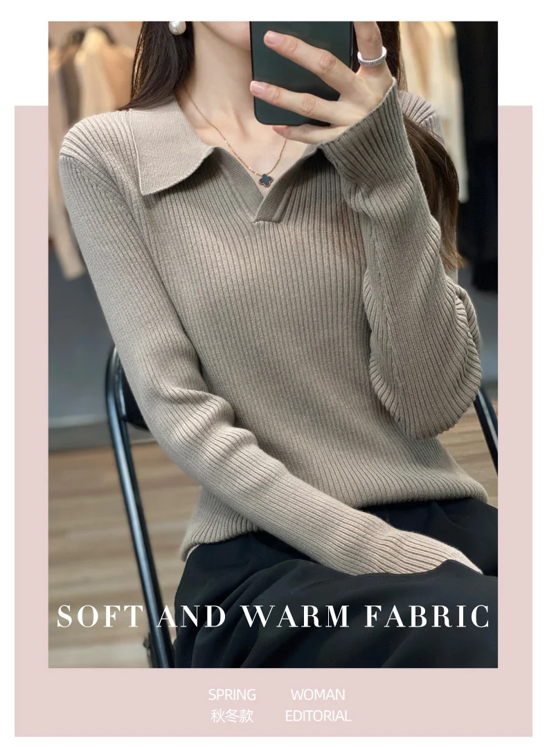 Autumn Winter New Ladies Elegant 100% Cotton Sweater Casual Polo Collar Pullover Knitted Sweater Slim Bottoming Tops Commuter