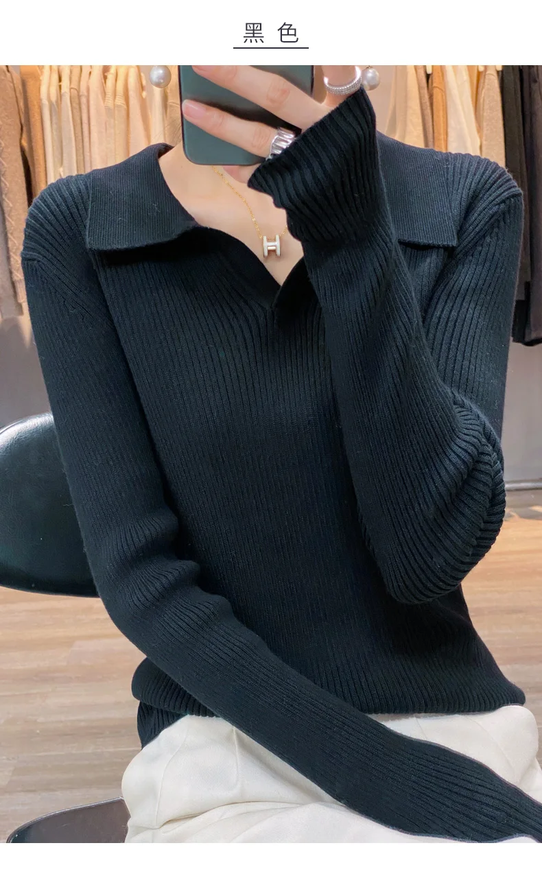 Autumn Winter New Ladies Elegant 100% Cotton Sweater Casual Polo Collar Pullover Knitted Sweater Slim Bottoming Tops Commuter